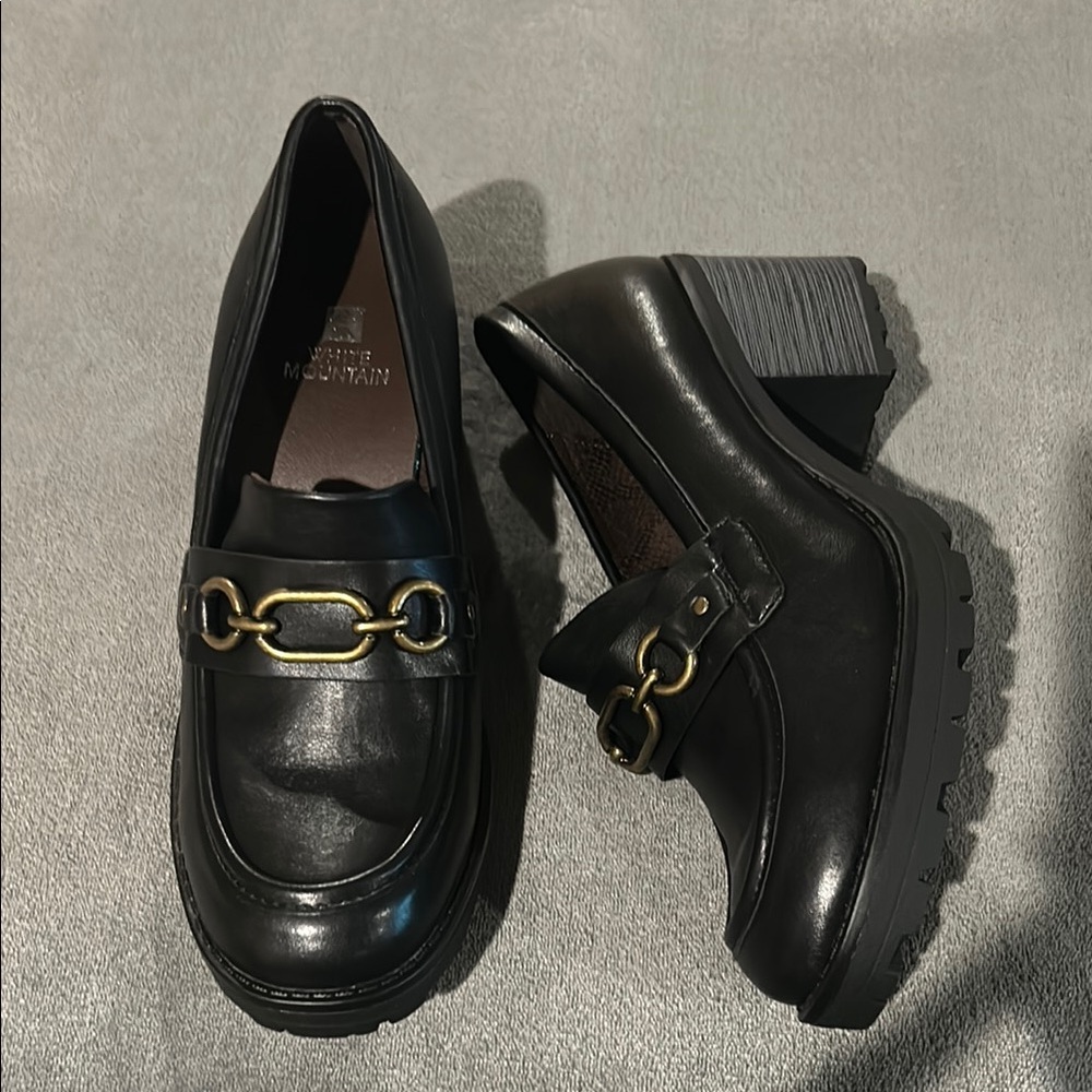 White Mountain Black and Gold Loafers with Platform Sole